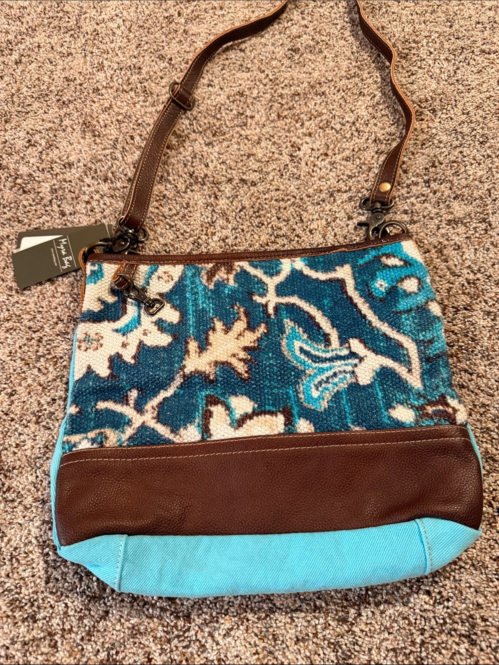 Myra Bag Teal Floral Fabric Shoulder Bag with Brown Leather Trim